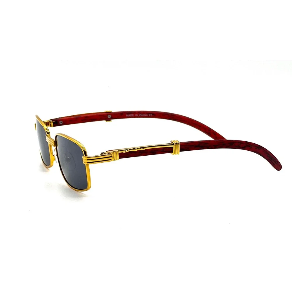 Men's Gold Frame Sunglasses Square Dark Lenses Red Wood Accent Sophisticated New